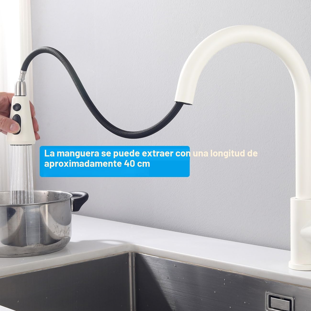 Grifo de Cocina Extraíble Blanco con 3 Modos, Mezclador de Fregadero con Ducha Extensible, Grifería Monomando con Caño Giratorio 360°, Acero Inoxidable 304, Aireador Extraíble, Alta Presión