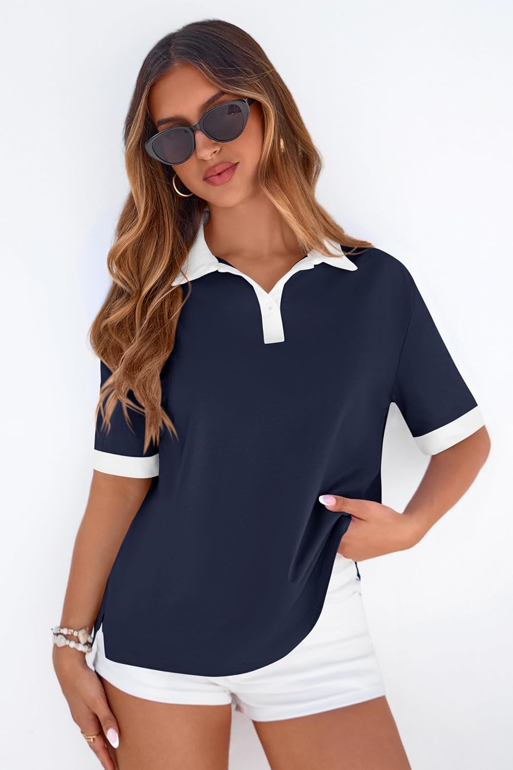 PRETTYGARDEN Summer Short Sleeve Polo Shirts for Women Collared V Neck Work Dressy Tops Knit Loose Business Casual Outfits - Image 2