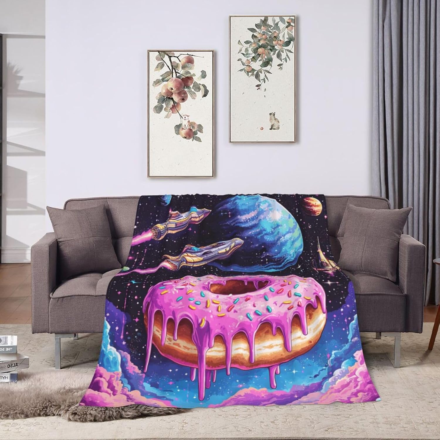 Donut Blanket Space Donut Decor Throw Blanket Super Soft Flannel Lightweight Fluffy Plush Cozy Fuzzy Fleece Food Blanket Gifts for Girl Boys Woman Man Kids Adults for Bed Sofa Couch 50"X60"