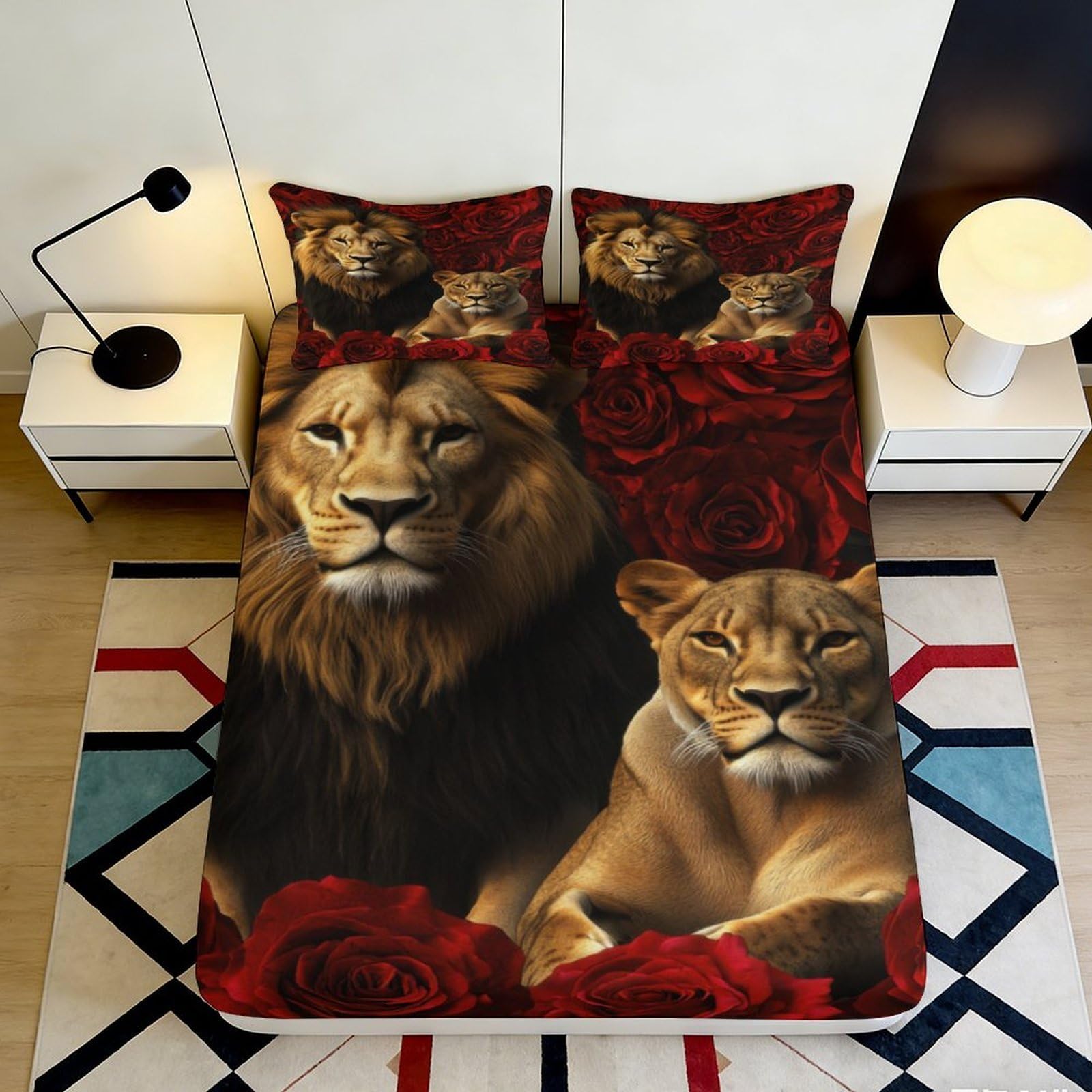 Uynsixtme Style-5 3D Printed Lion Fitted Sheet Microfiber Deep Pocket Non-Slip Bedding Set Lion Mattress Fitted Cover Full Wrap Washable For Adults 140X200x25cm