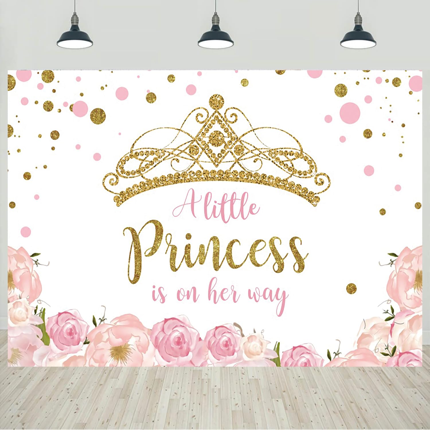 7x5ft Princess Baby Shower Backdrop Pink Flowers A Little Princess is On Her Way Crown Glitter Dots Photography Background for Girls Baby Shower Party