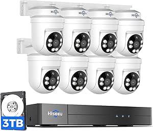 Hiseeu 3K PTZ Wired Security Camera System Outdoor with Color Night Vision, Audio, 8 x 5MP IP67 CCTV Cameras, 5MP DVR 8CH, 3TB HDD, 360° Coverage, Person/Vehicle Detection, Alarm Spotlight, 24/7 Recording
