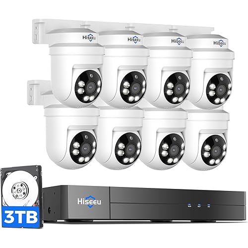 Hiseeu 3K PTZ Wired Security Camera System Outdoor with Color Night Vision,Audio,8 x 5MP IP67 CCTV Cameras,5MP DVR 8CH,360°Coverage,Person/Vehicle Detection,Alarm Spotlight,3TB HDD,24/7 Recording