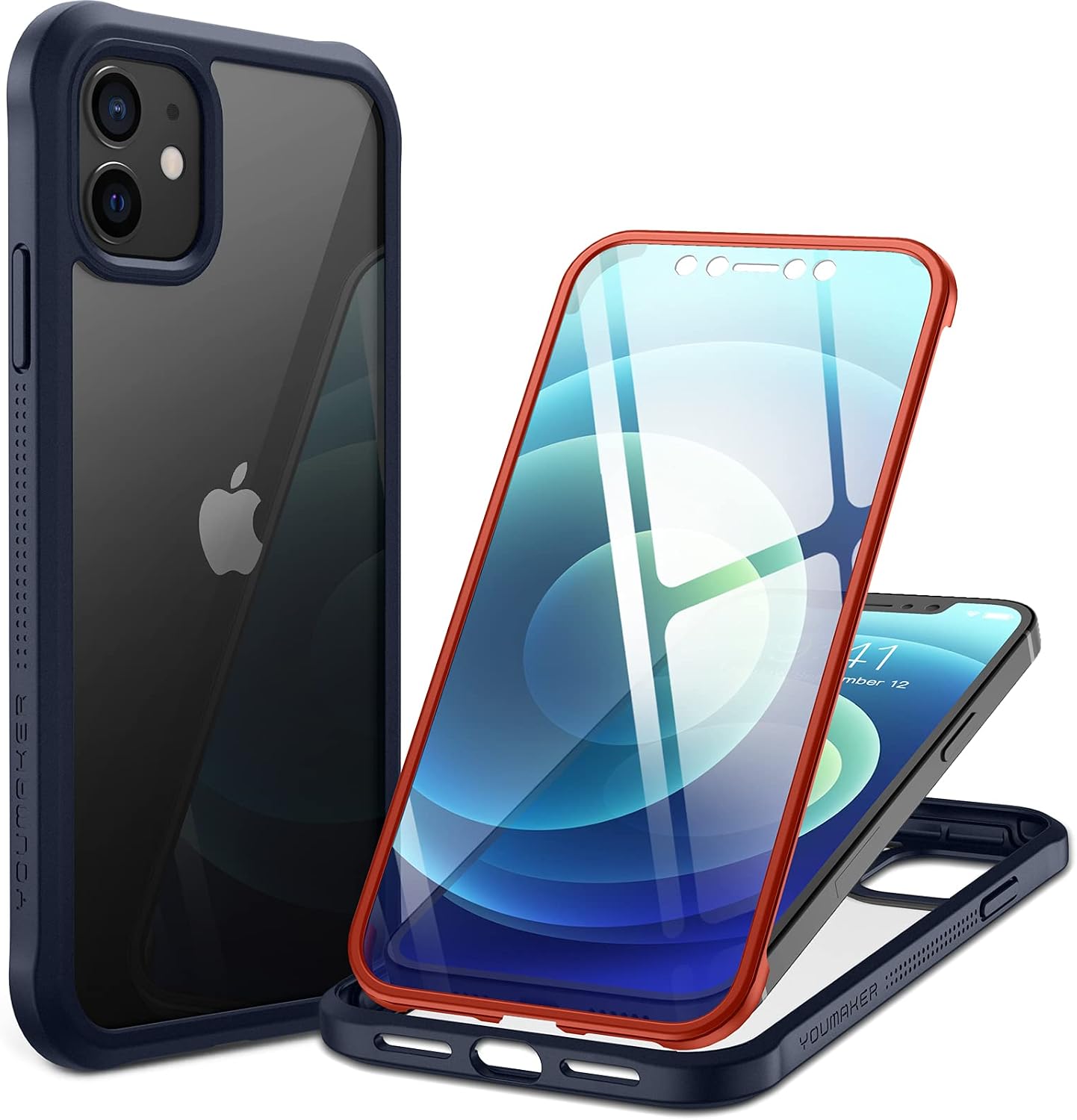 YOUMAKER [2021 Upgraded Janus Designed for iPhone 12/12 Pro Case with Built-in Tempered Glass Screen Protector Full Body Rugged Slim Fit Clear iPhone 12/12 Pro 6.1 Inch - Navy