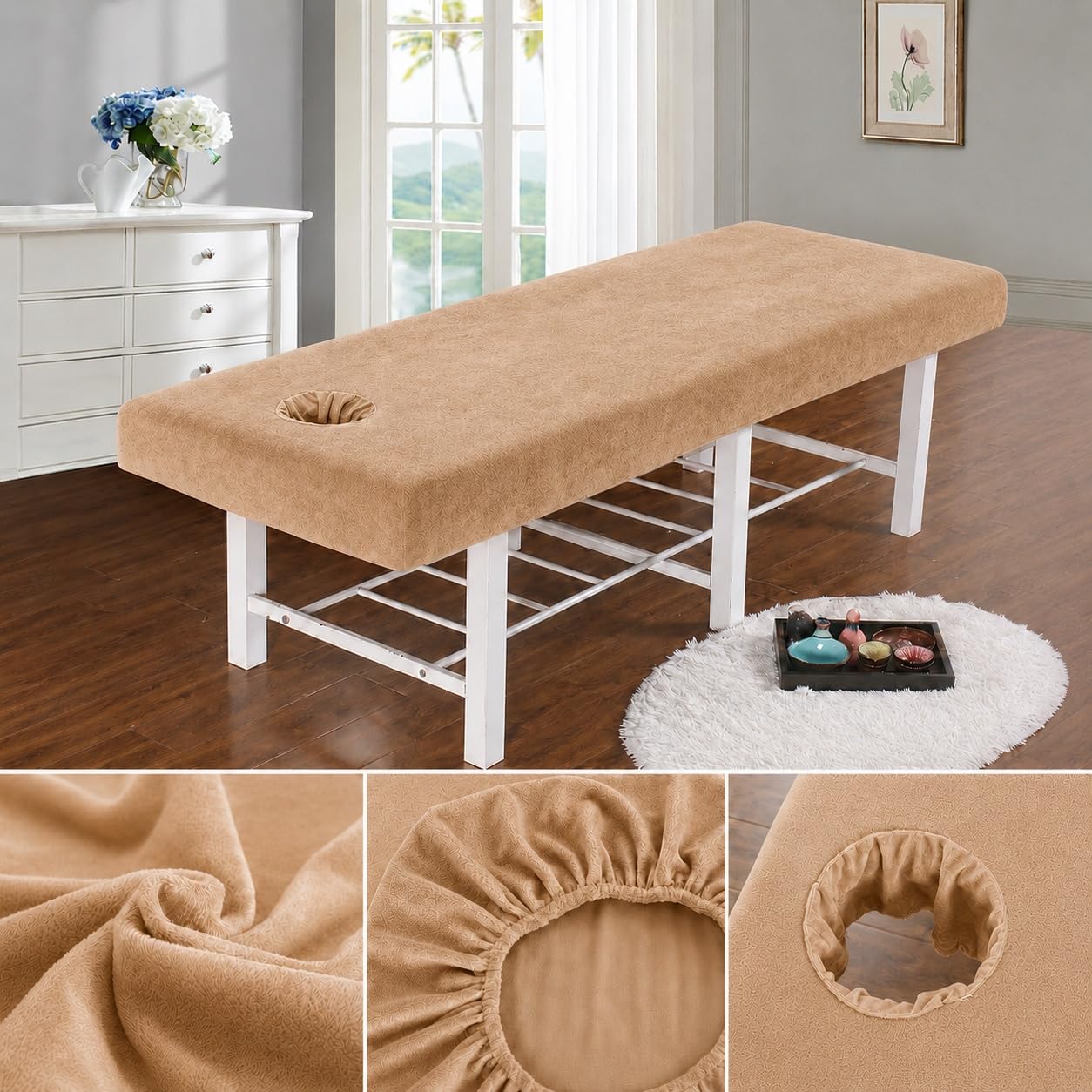 Highdi Housse Table Massage avec Trou, Velours de Cristal Epais Douceur Housse Table de Massage Housse Table Elastique Drap Housse Table de Massage Massage, Spa (190X80CM,Chameau)