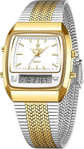 SKMEI Relojes digitales analógicos retro para hombre, correa de acero inoxidable dorado, elegante, casual, de doble pantalla, relojes de pulsera