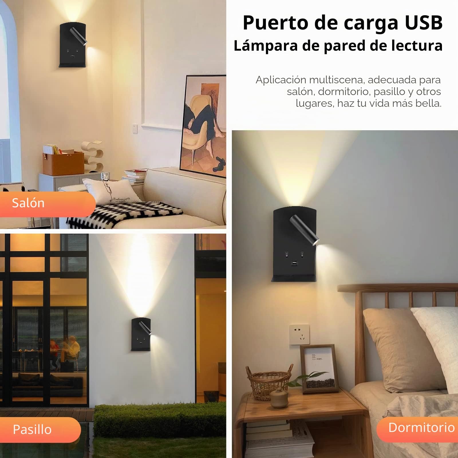 Luz de Lectura Cabecera 3W+9W 3000K, Lámpara de pared LED con Puerto de Carga USB e Interruptor, Lámpara de Pared del Pasillo ángulo Ajustable para Dormitorio Escaleras Salas de Estar Hotel (2 negro)