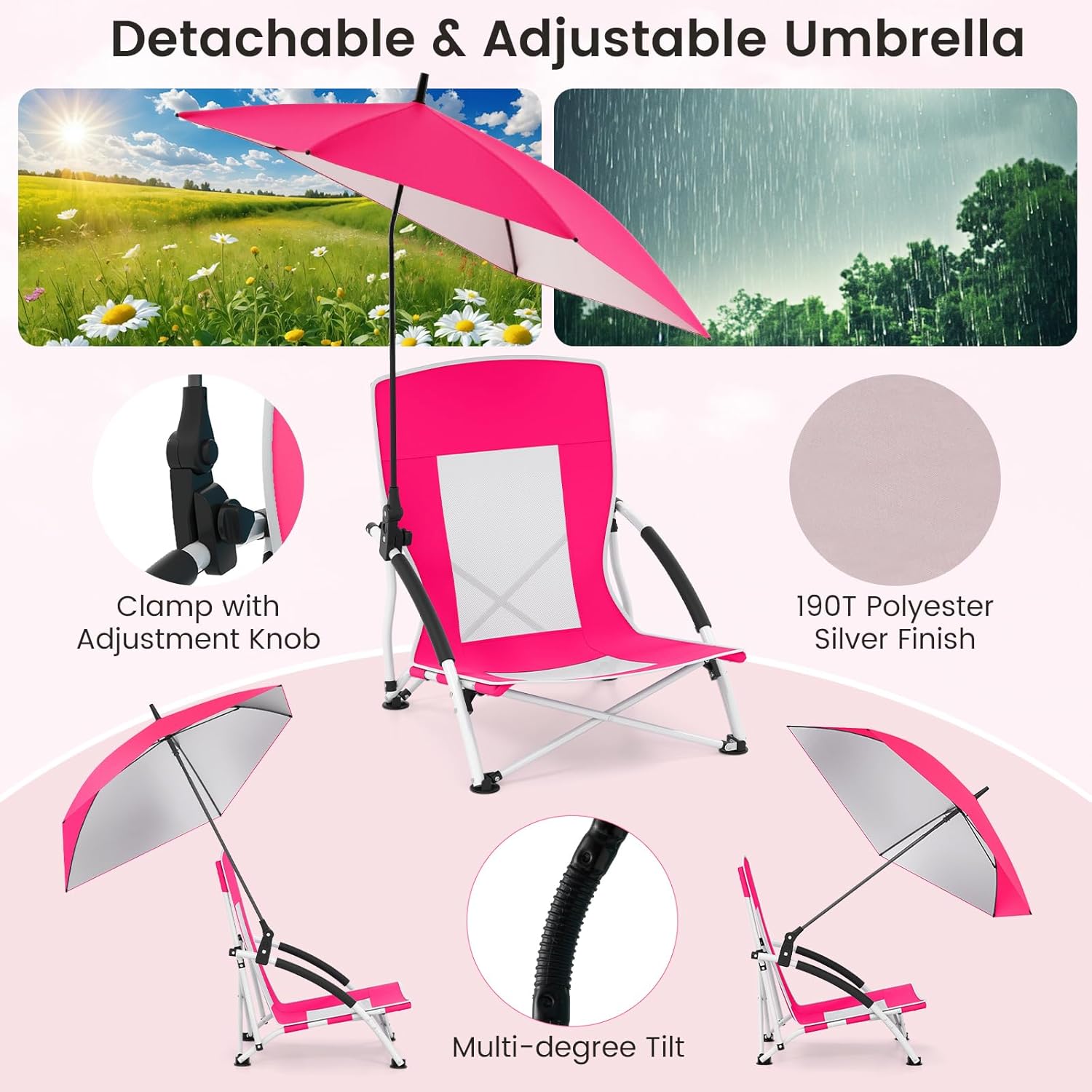 Giantex Low Folding Beach Chair with Detachable & Adjustable Umbrella, Carrying Bag, Padded Armrests, Mesh High Back, Load 330 LBS, Anti-Slip Foot Pads, Camping Chair for Picnic, Lawn, Pink