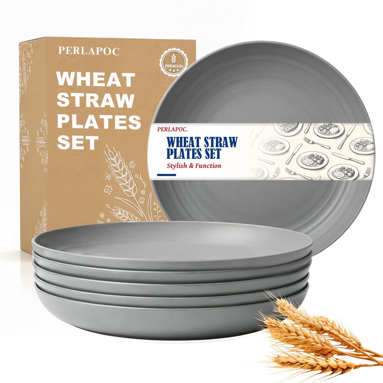 Wheat Straw Deep Plates, 8 Inch Unbreakable Plates Set of 6, Grey