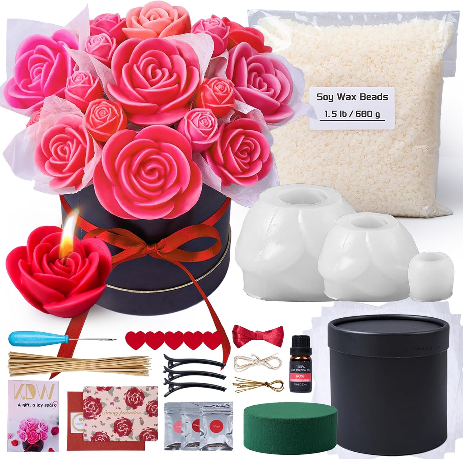 Rose Bucket Candle Kit Handmade Gift Soy Wax Beads for Candle Making Rose Silicone Mold 3D Flower Candle Molds All in One Kit Accessories Set Valentine's Day Gift (Black)