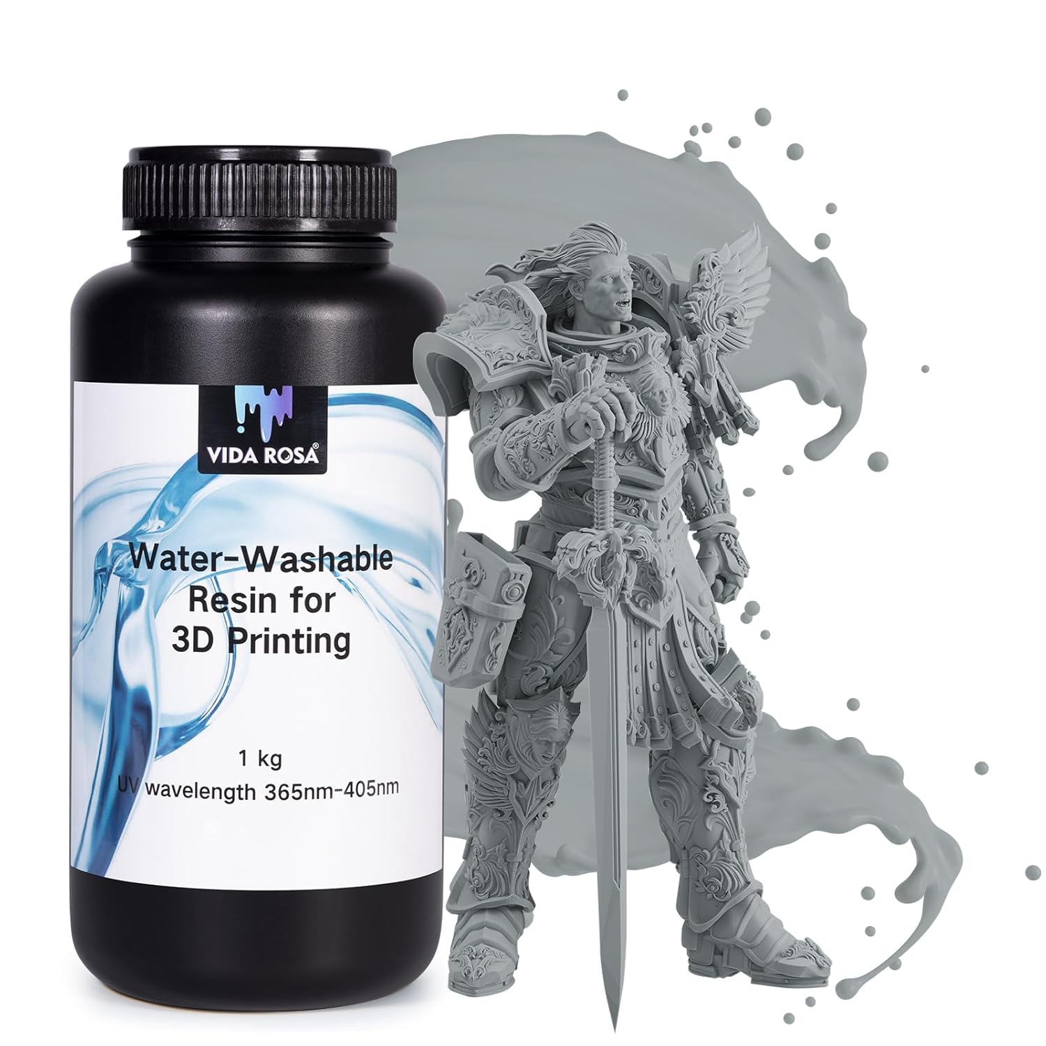 VIDAROSA Water Washable 3D Printer Rapid Resin 1KG,LCD Photopolymer Resin for LCD/DLP 3D Printing, Standard UV 405nm Curing Resin, Fast-Curing, High Rrecision,Grey, JW-3D1KG-GR