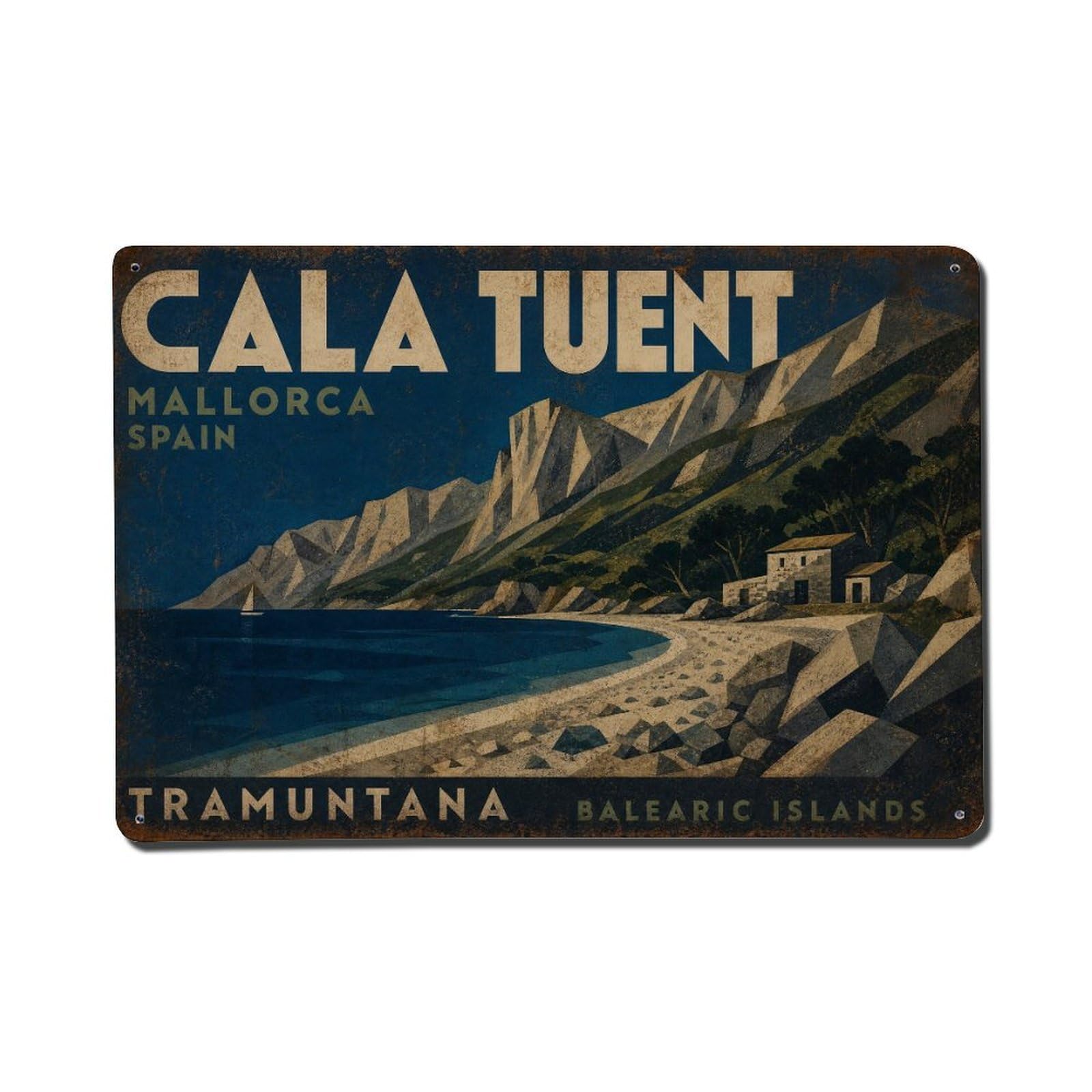 Fyrn Style Metal Tin Sign Vintage Travel Cala Tuent Mallorca Rocky Beach Mountains
