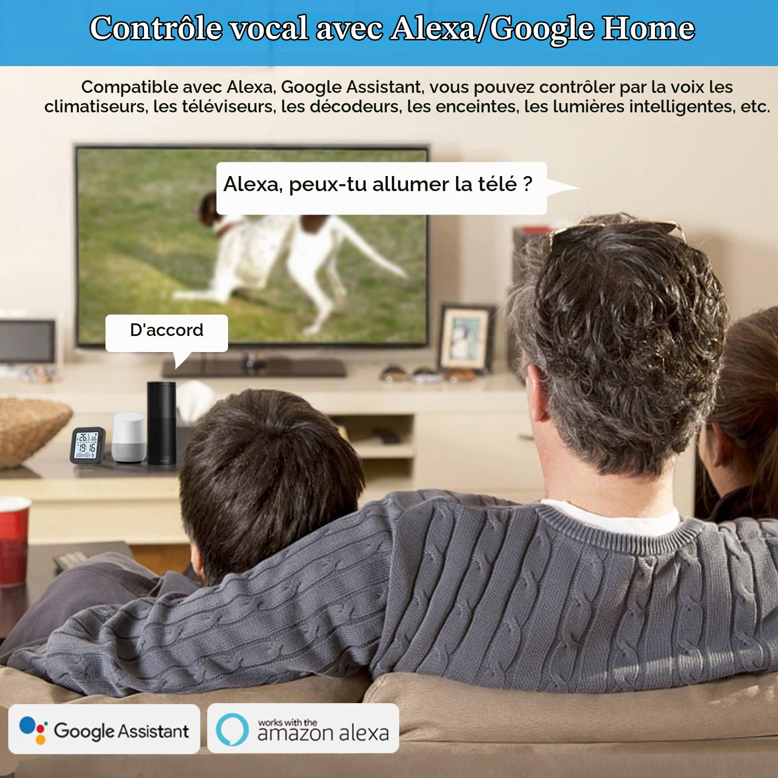 eMylo Thermomètre Hygromètre Intérieur, Télécommande Universelle Intelligente WiFi IR, Compatible avec Alexa, grand écran avec rétroéclairage Hygromètre pour la maison/le bureau