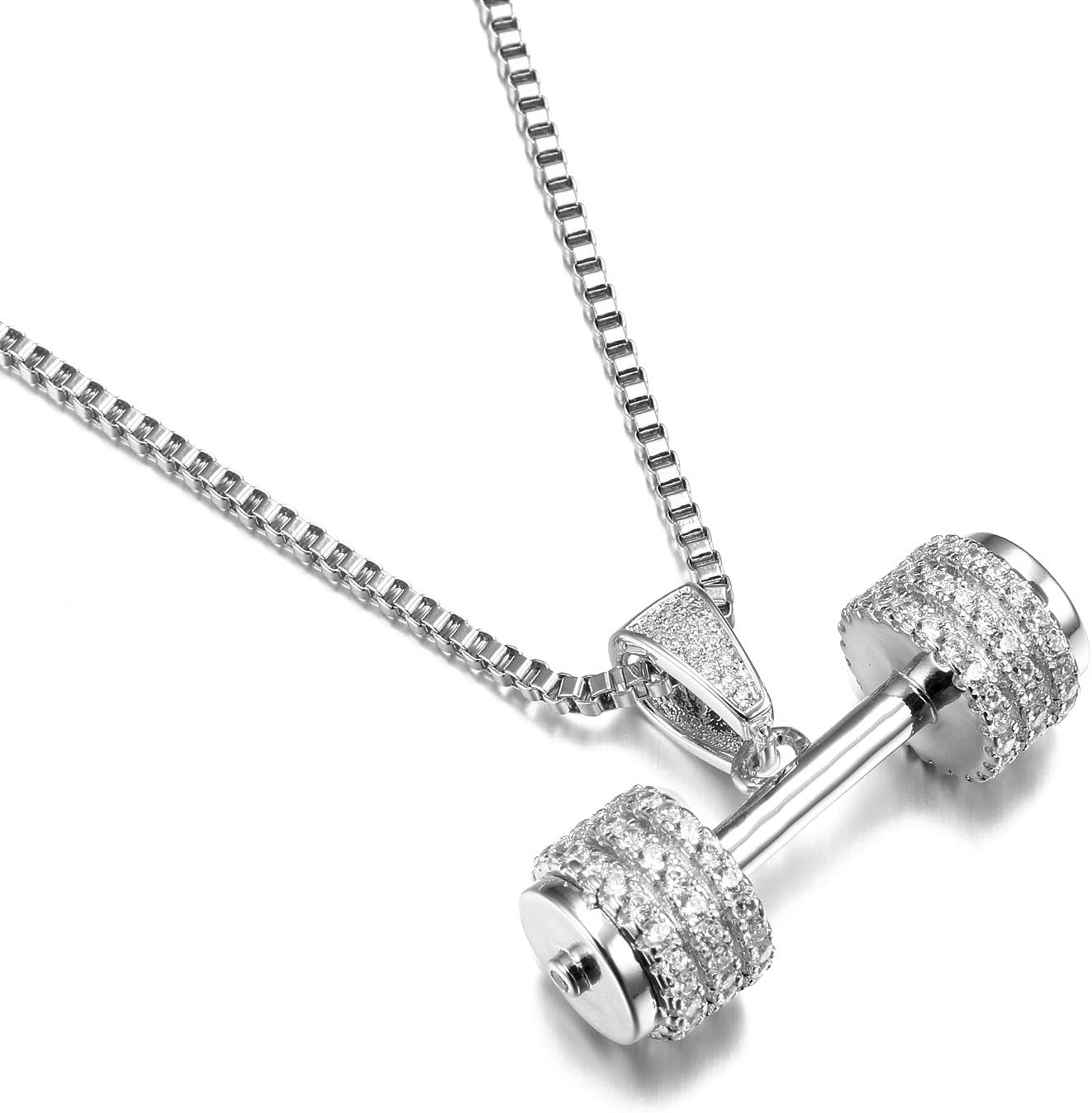Iced Out Sports Theme Pendant Necklace AAA CZ Crystal Jewelry (Dumbbell Rhodium)