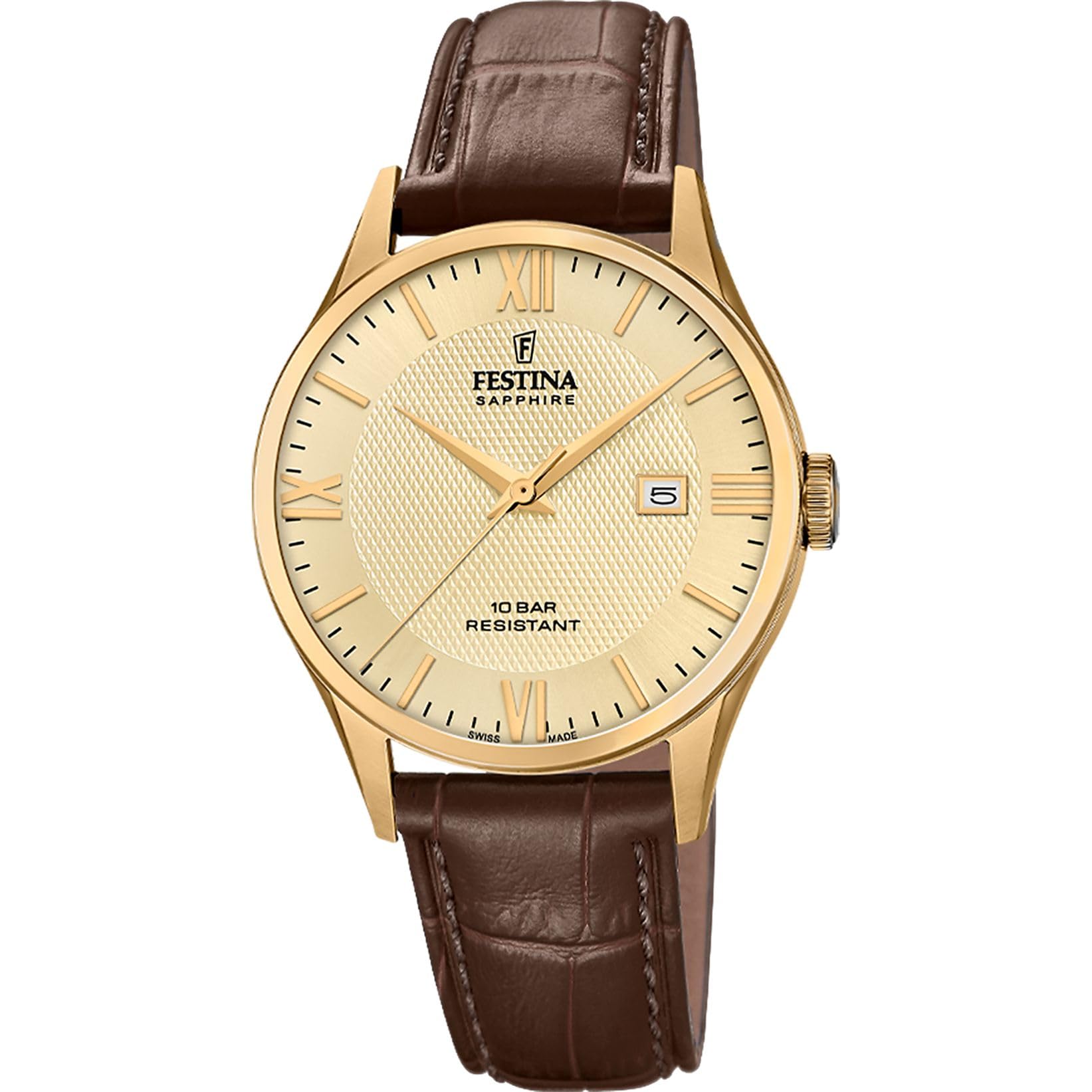 Festina Swiss Made Herrenuhr Analog aus Leder Braun | Quarzwerk, Kalender, Widerstandsfähiges Saphirglas, Wasserdicht 10 ATM F20010/5 Classic Leather