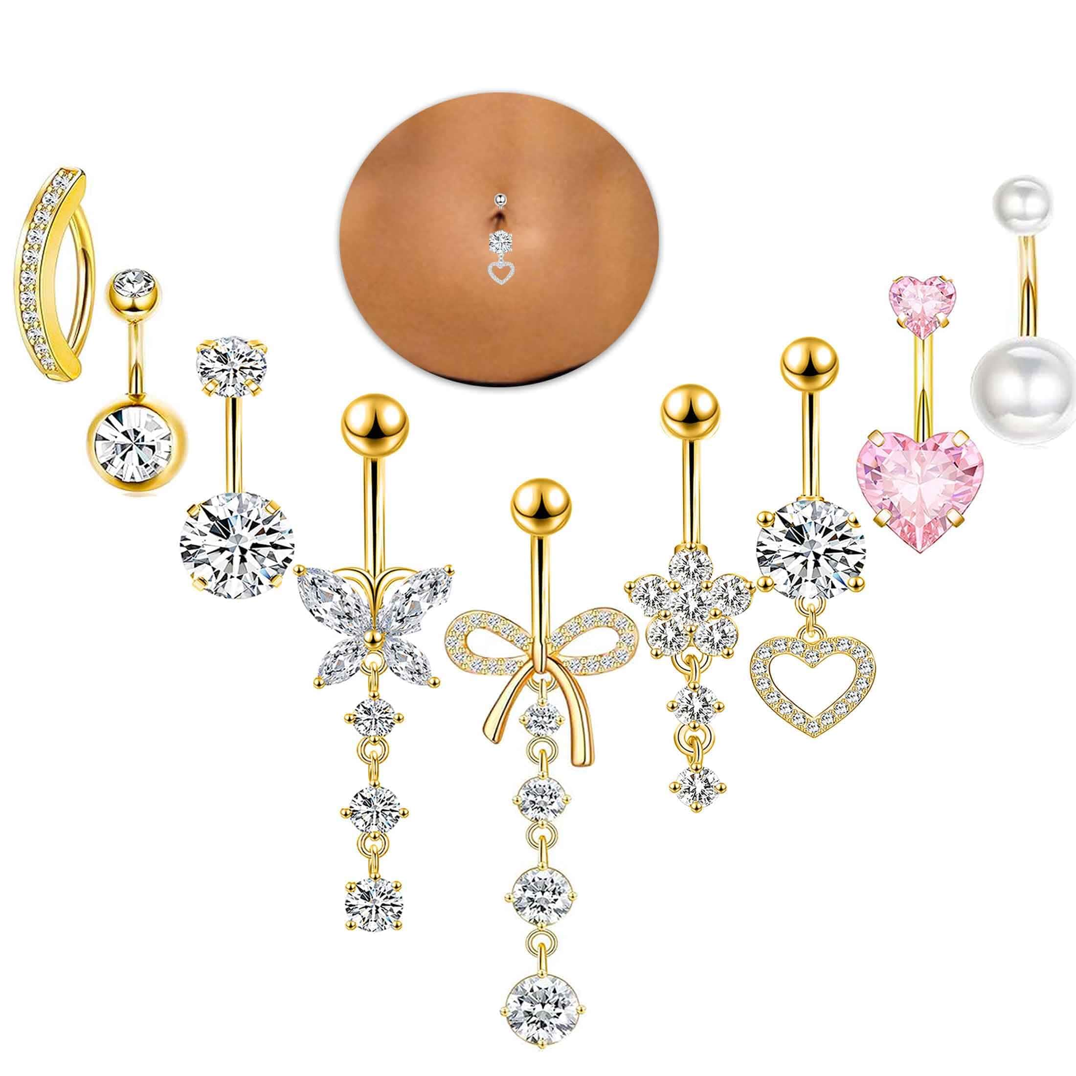 Suotarn 14G Belly Button ring Dangle Belly Rings Surgical Stainless Steel Cute Bow Butterfly Heart Flower Dangling Belly Button Piercing Jewelry For Women Silver Dainty Dangly Navel Ring