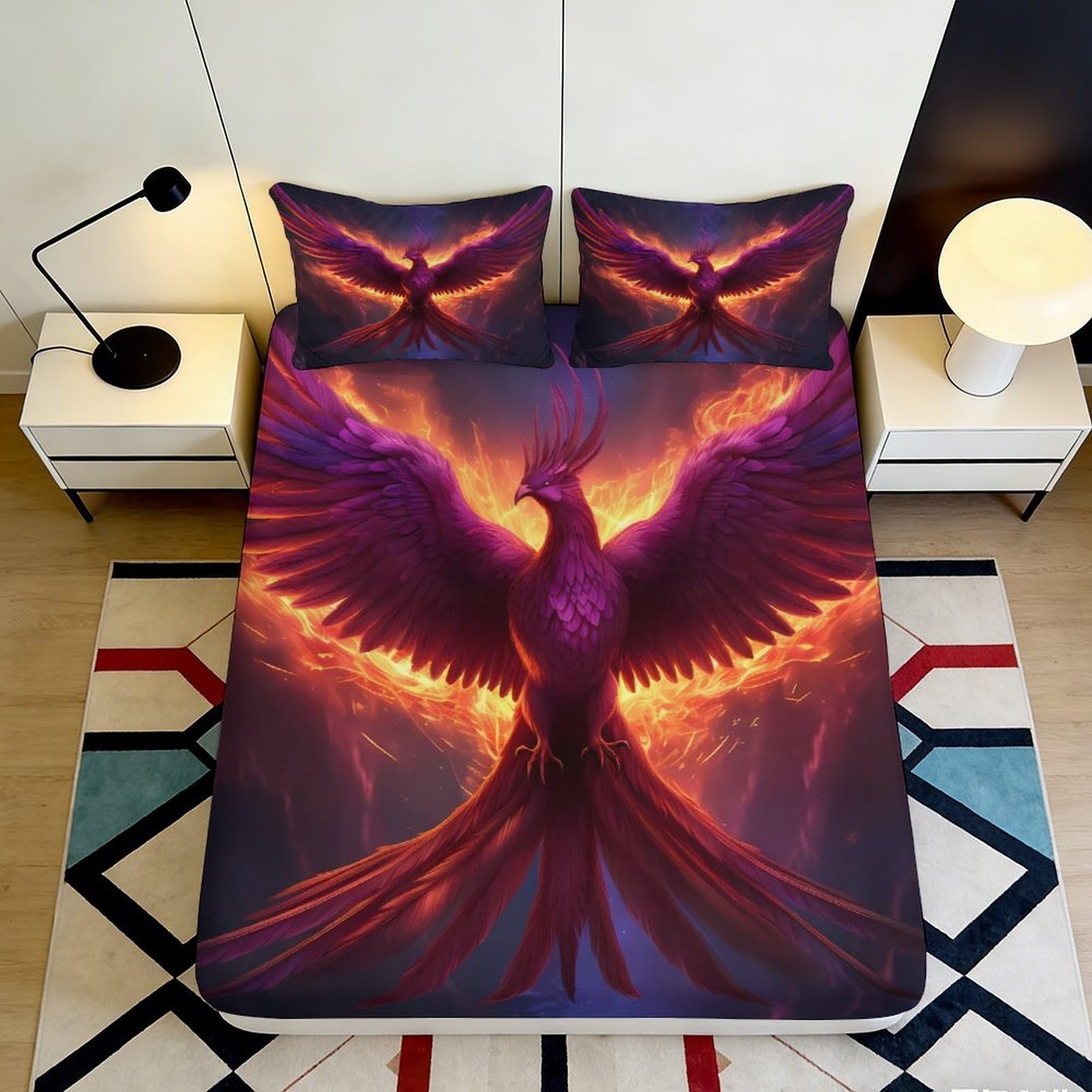 3D Printed Flaming Phoenix Fitted Sheet Microfiber Soft Vibrant Fire Bird Bed Cover for Bedroom Dorm Mattress Decor 90x200x25cm