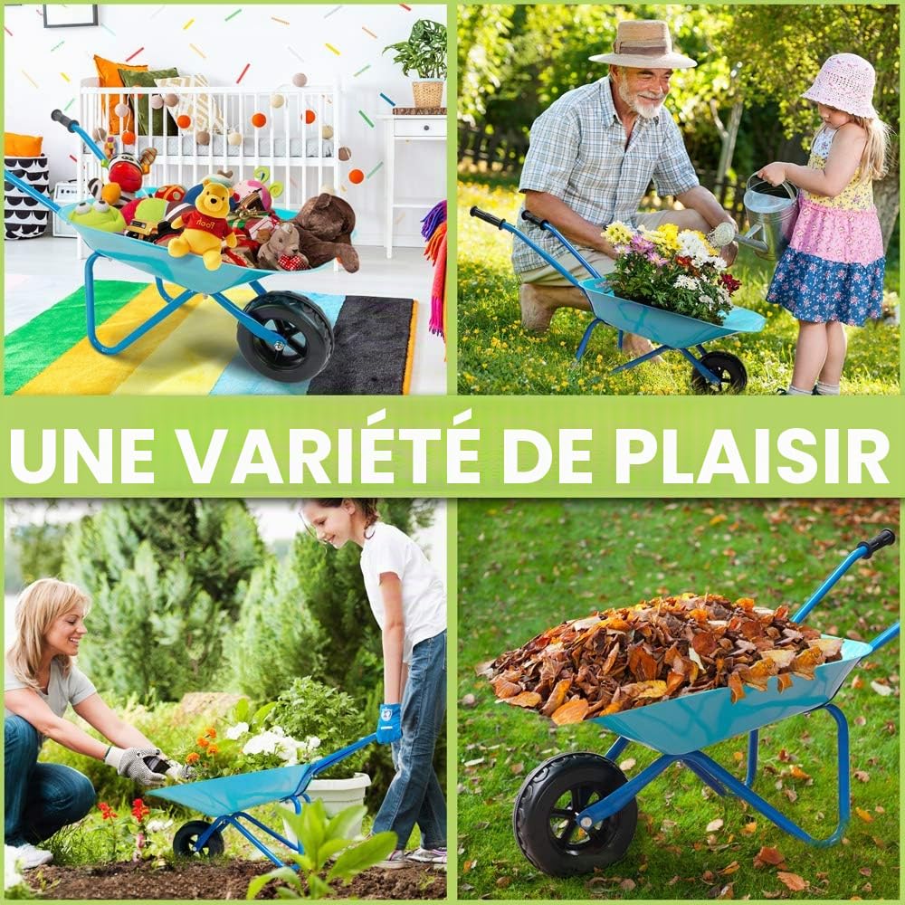 Colwelt Brouette en métal 5 pièces pour enfants avec pelle, râteau, fourchette et gants pour enfants (bleu)
