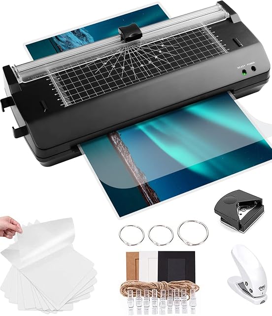 Laminator A4, 7 in 1 Thermal and Cold Laminator Machine A4 A5 A6 with 20 Laminating Pouches for Office, School and Home(Black)