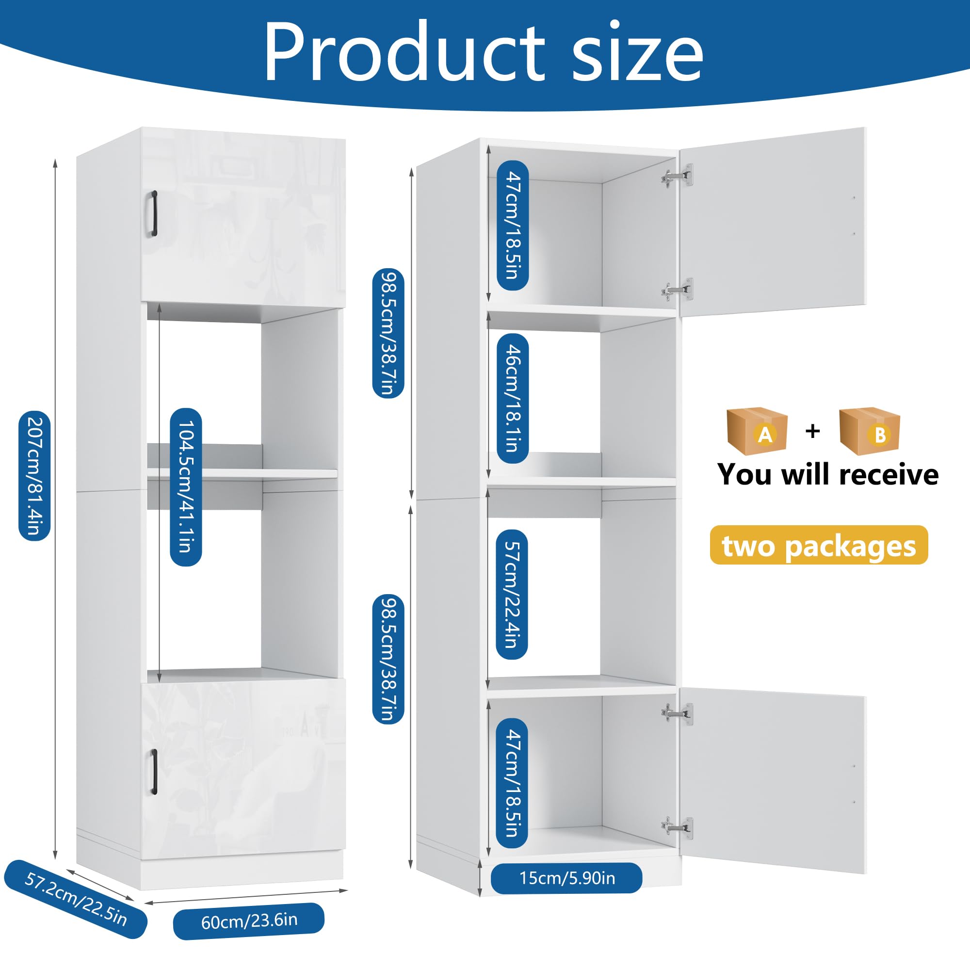 MSFE Colonne four et Micro Onde Encastrable,Armoire Micro-ondes 60x57.2x207cm,Armoire de Cuisine avec Étagère,Meuble de Rangement Salle à Manger Maison Intérieur,Blanc Très Brillant,Expédié en 2 Colis