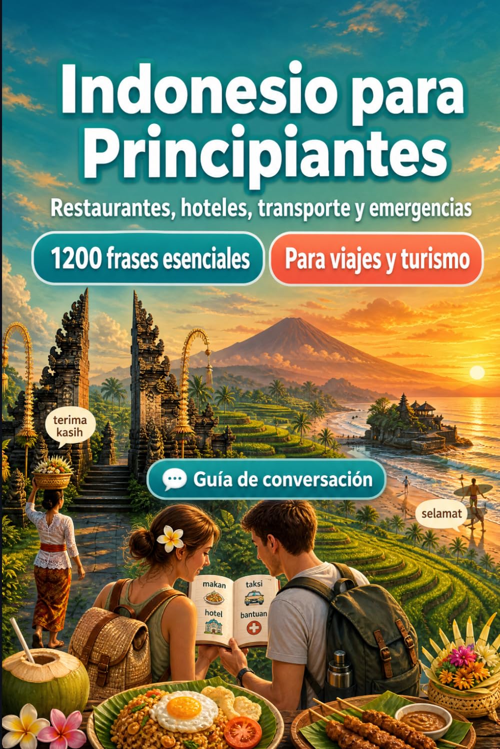 Indonesio Para Principiantes: 1200 frases esenciales en Indonesio para viajar: Guía fácil de pronunciación, conversaciones cotidianas, restaurantes, hoteles, transporte, compras, emergencias