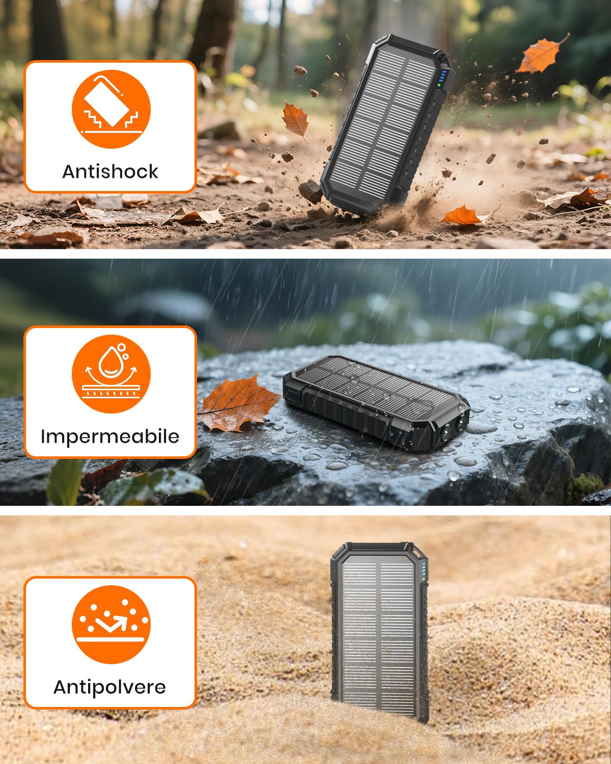 Power Bank Solar 20000mAh - 15W Caricatore Rapido Portatile 3 Cavi Integrati con Torcia LED - 5 Uscite, Caricatore Solare Cellulare per iPhone 17/16/15/14/13 e Android