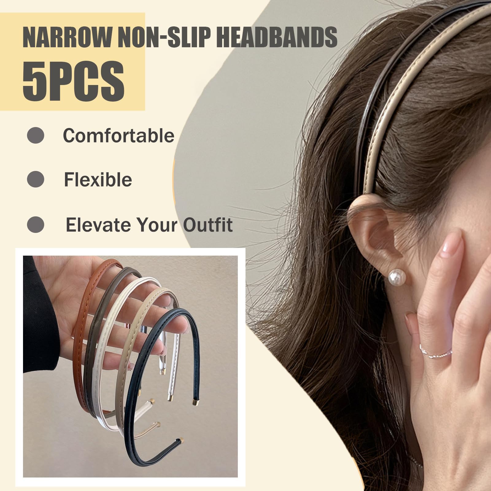 Evadollina Ladies' Headbands, Set of 5, Slim Leather Hairbands for Women Headband, Hair Hoop, Hairbands, Sports Headband - Image 3