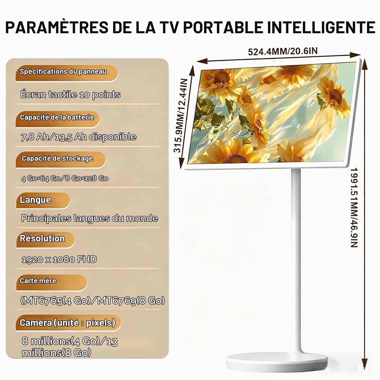 Téléviseur Intelligent Portable 21.5"/24"/27"/32", Support TV Mobile, Moniteur Tactile sur Pied, Moniteur Tactile 1080p sur roulettes, Rotation Complète 21.5in-8+128GB(1080P)