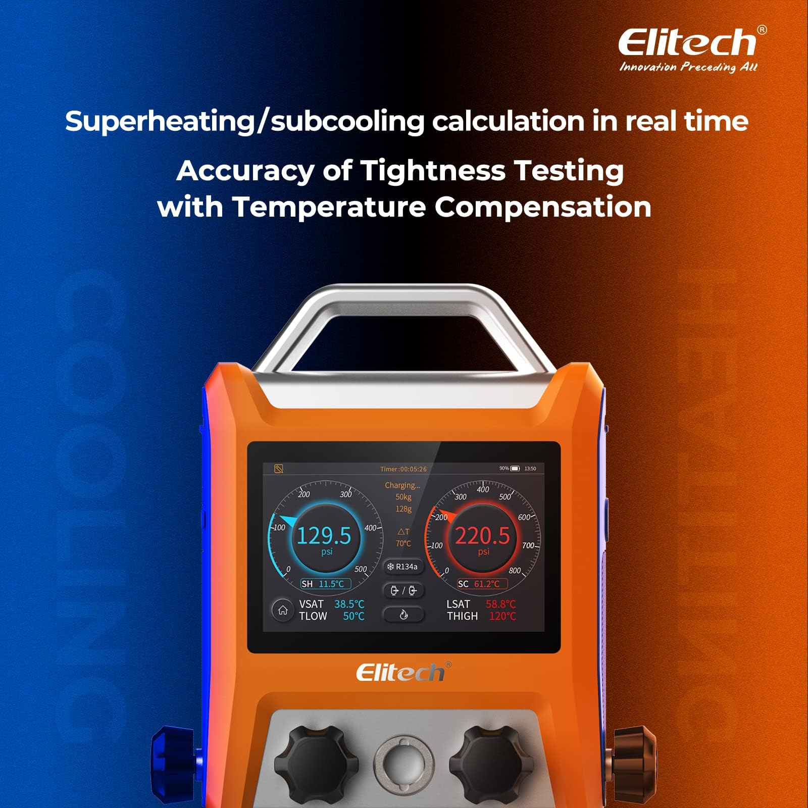 Elitech Manometr HVAC Inteligentny Czterodrożny EMG-40V - Precyzyjny Pomiar Ciśnienia I Temperatury, Kompatybilność Z Wieloma Czynnikami Chłodniczymi, Wyświetlanie Krzywych