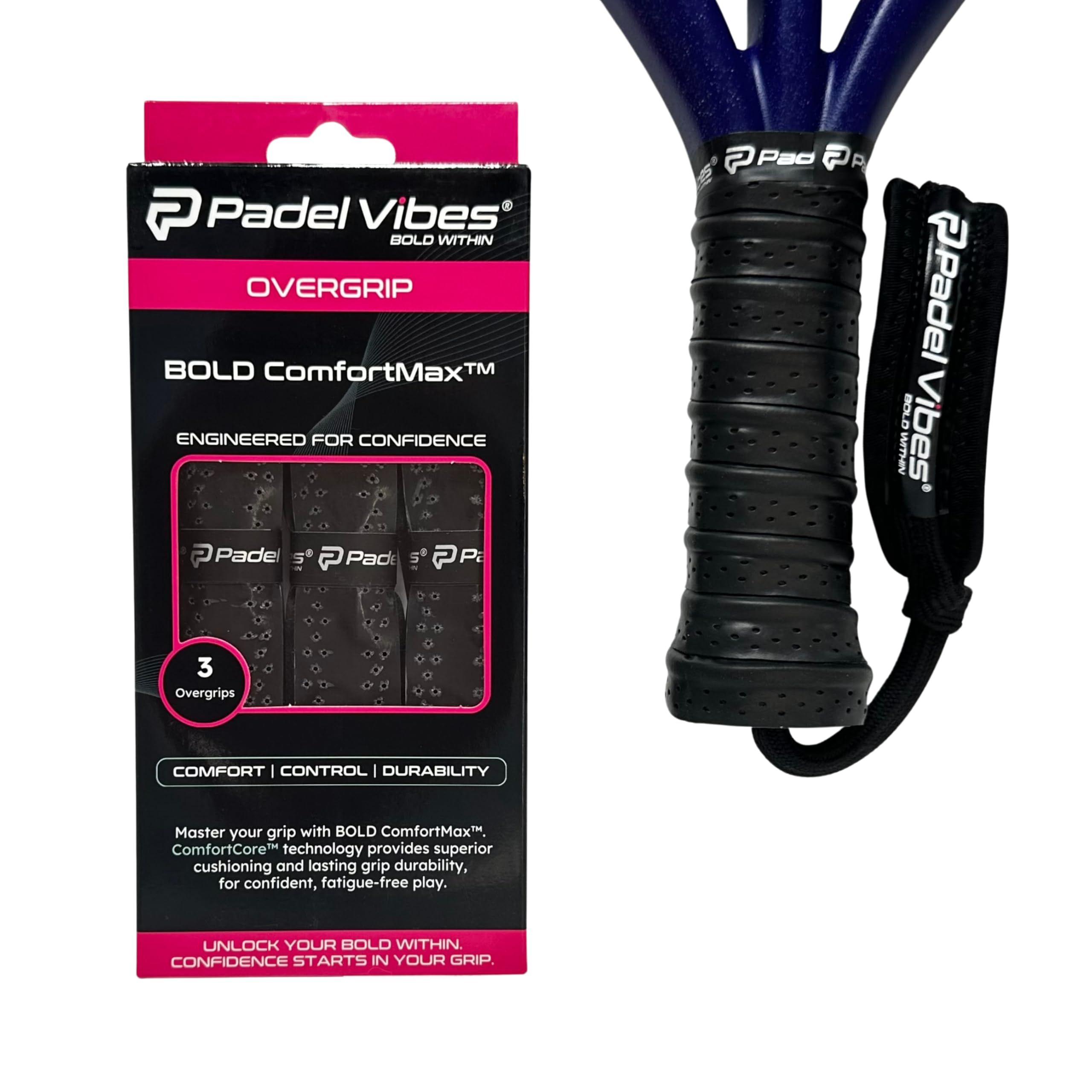 Padel Vibes® BOLD ComfortMax™ Overgrip | Perforated, Ergonomic Overgrips for Padel, Tennis, Badminton, Squash, Racketball | Sweat-Absorbing, Anti-Slip, Durable (Black | 3-Pack)
