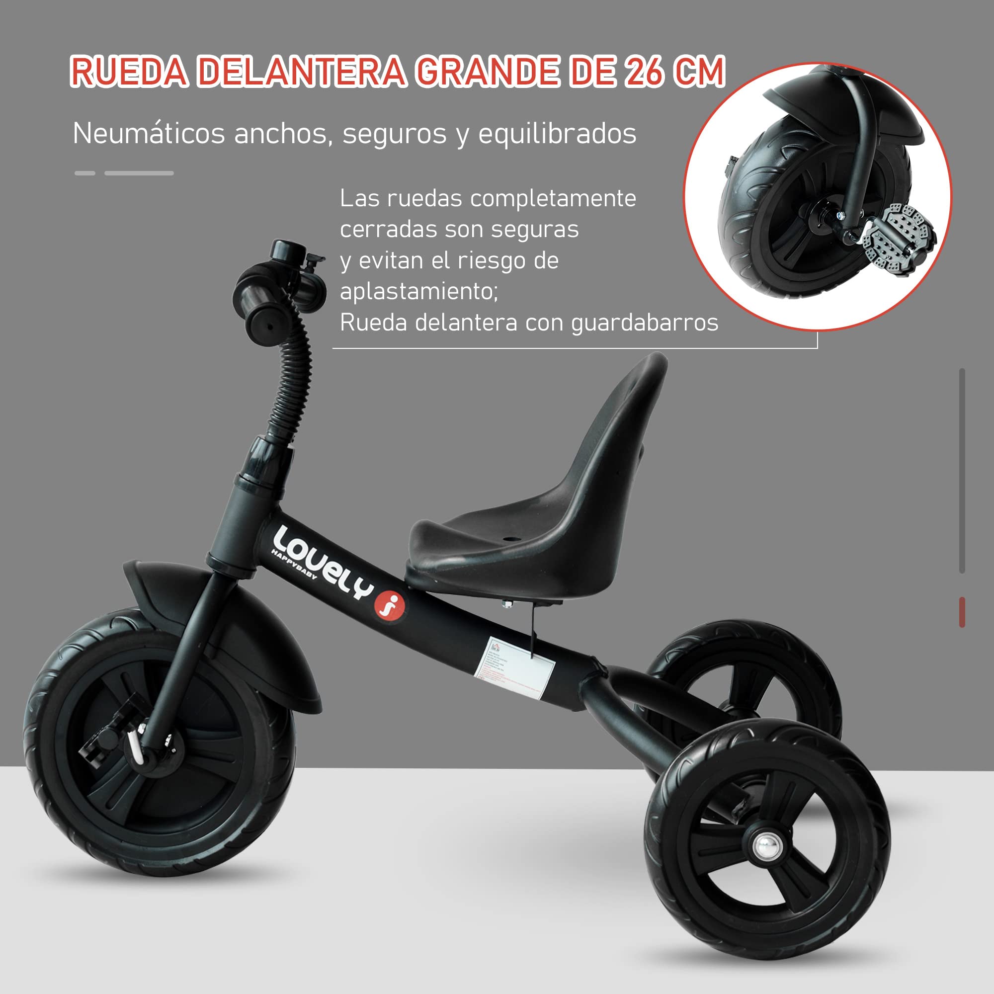 HOMCOM Triciclo para Niños más de 18 Meses con Timbre Guardabarros Rueda de Seguridad 79x50,5x58 cm Negro