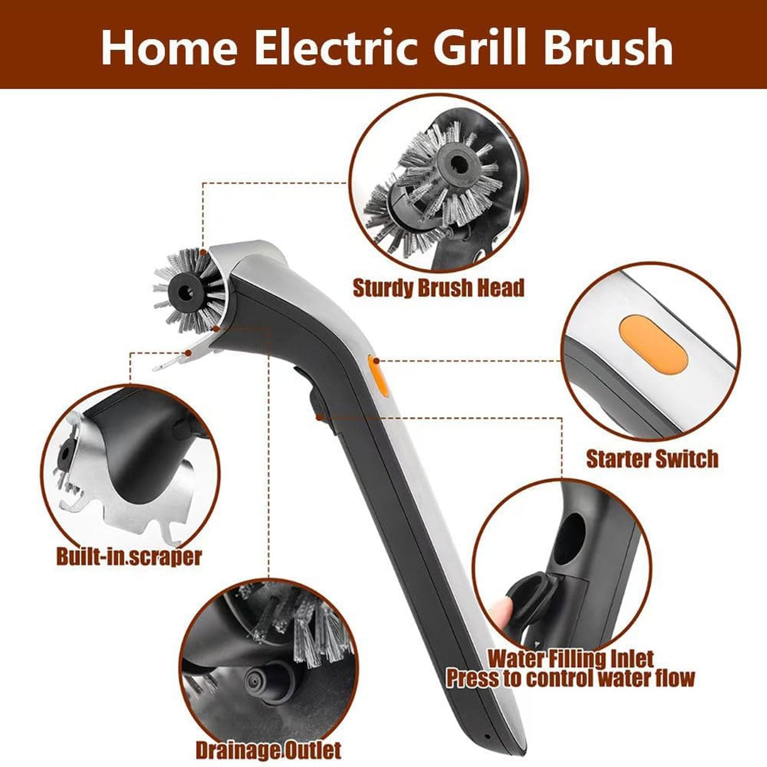 Cepillo de parrilla recargable inalámbrico, cerdas de acero inoxidable, cepillo eléctrico para barbacoa con tanque de agua de 500 ml y raspador, cabezales giratorios de 360° para parrilla de carbón y