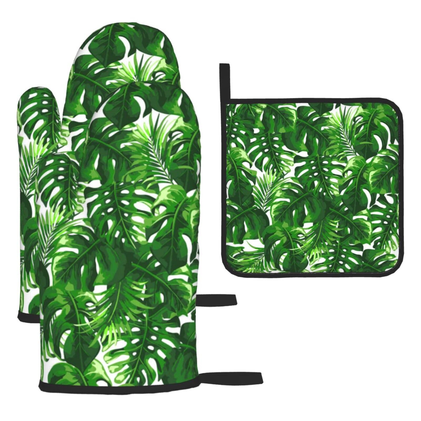 Monstera Deliciosa Banana Palm Print Oven Set Kitchen Gloves Baking Grilling Microwaving Cooking Gift Everyday Holiday