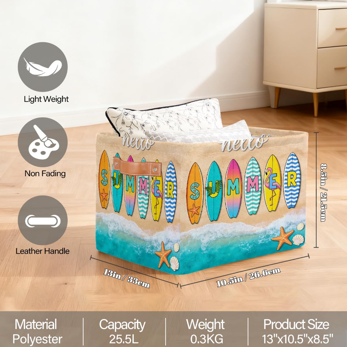 Hello Summer Surfbrett rechteckiger Aufbewahrungskorb mit Ledergriffen, faltbarer Stoff-Aufbewahrungskorb für Schrank, Badezimmer, Wohnzimmer, Büro, Spielzeug, Organizer, Wäschekorb, 2 Stück