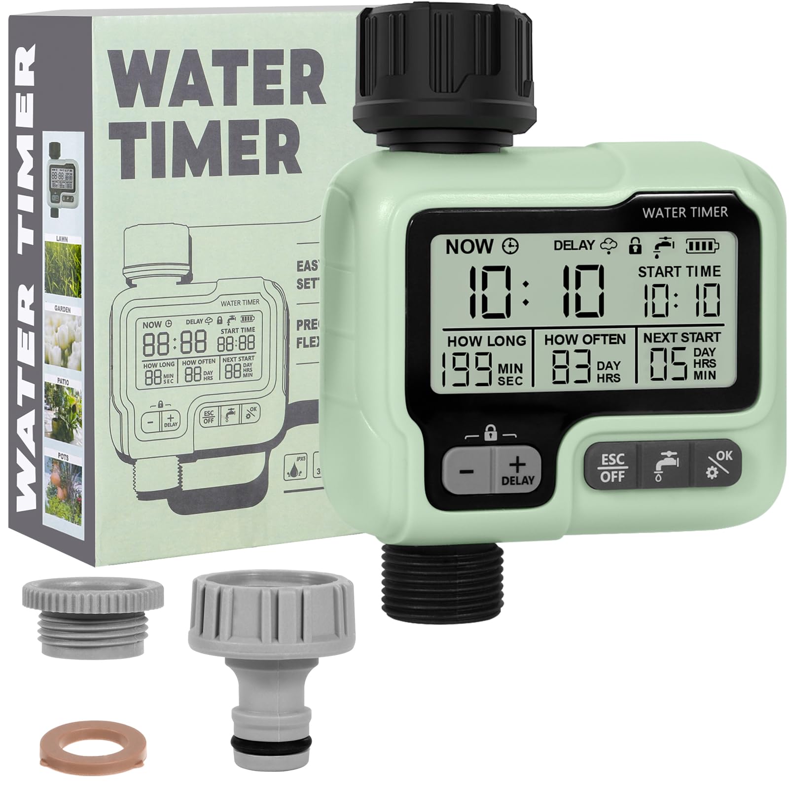 Minuterie D'arrosage Automatique/Manuelle, Connecter la Minuterie du Robinet avec Mode de Verrouillage Enfant/Retard de Pluie/Étanchéité IPX5/Écran LCD