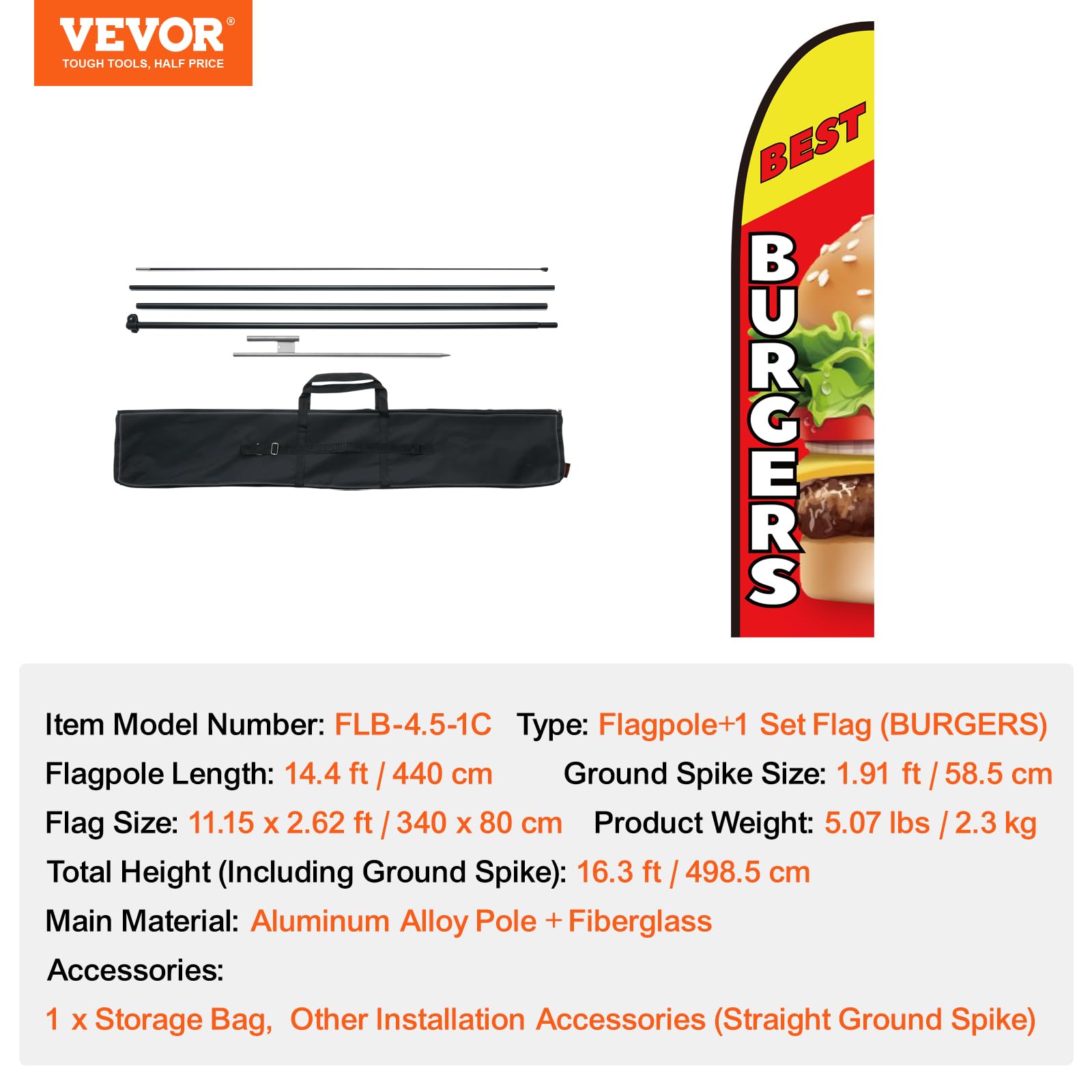 VEVOR Bandiera di Piume Pubblicitarie per Ristoranti di Hamburger Kit Asta, Bandiere Pubblicitarie Affari all'Esterno, con 1 Bandiera, 1 Asta, 1 Picchetto da Terra, Bandiera Swooper Aziende 440 cm