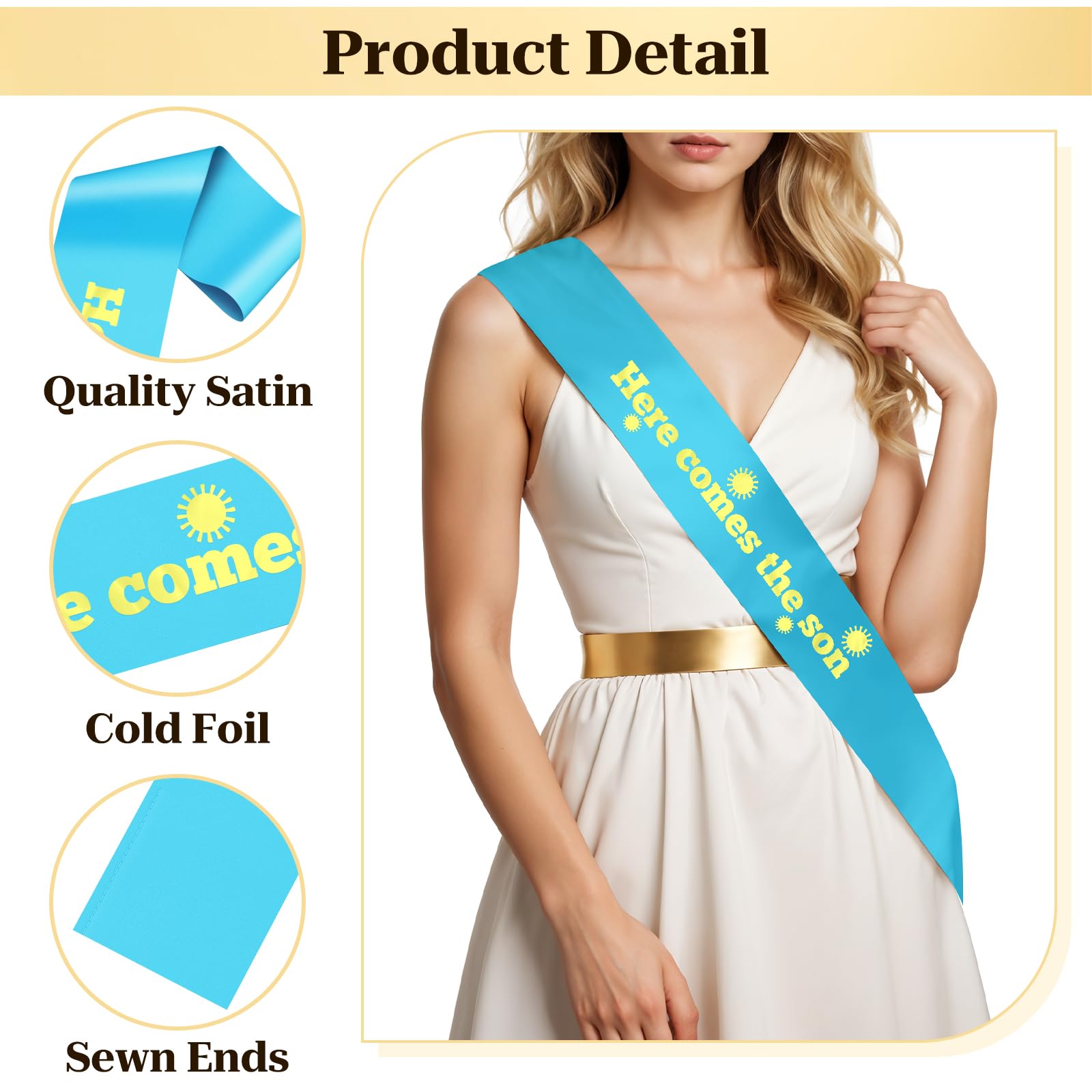 Baby Shower Decorations for Women Men Baby Shower Sash for Mum Dad Gender Reveal Decorations for Boys Blue Satin Sash with Gold Lettering Gender Reveals Party Favors New Dad Mom Gift - Image 3