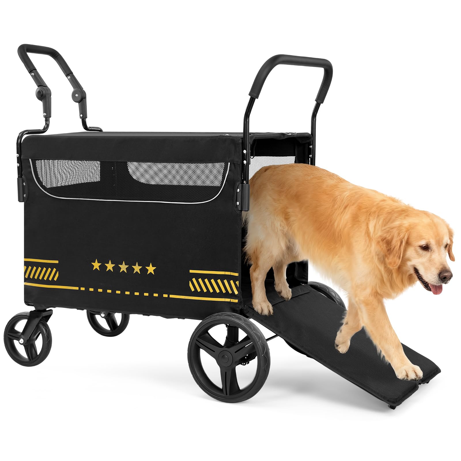 Passeggino per Cani Robusto con Rampa Pieghevole per Accesso Facile, Ideale per Cani Anziani o Infortunati, Passeggino per Animali con 2 Manici Regolabili, Fino a 80 kg