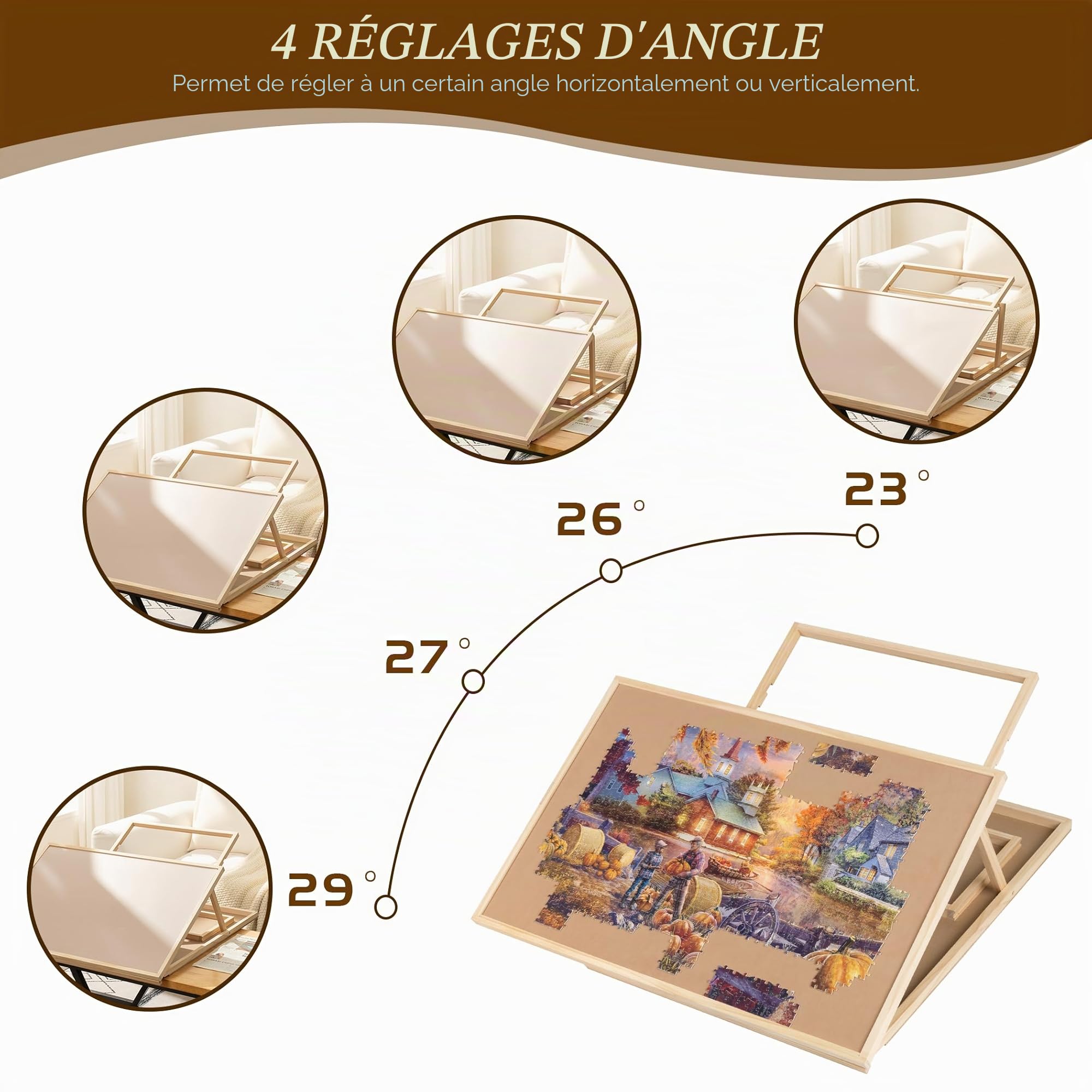 Tektalk Planche de Puzzle Convertible, Utilisation bidirectionnelle, Table de Puzzle réglable avec Couvercle, 4 Plateaux de tri colorés, Plateau en Bois à 4 Angles d'inclinaison, jusqu'à 1000 pièces