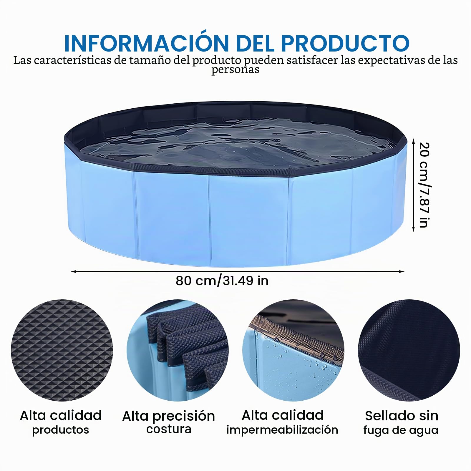 Piscina para perros, piscina plegable, antideslizante, resistente a la abrasión, con válvula de drenaje, 80 x 20 cm, color azul