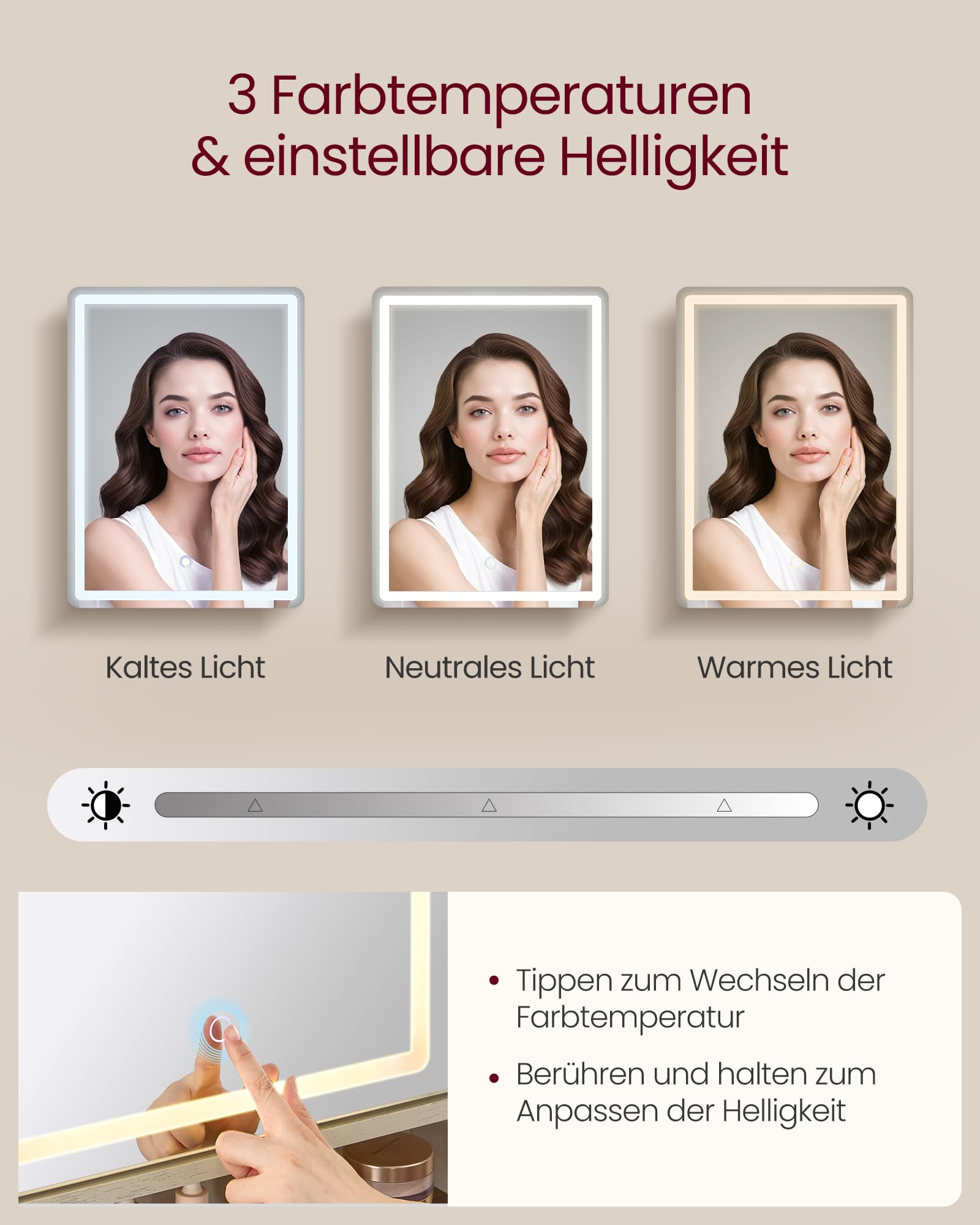 VASAGLE LIRY Kollektion - Schminktisch mit Spiegel und Beleuchtung, Frisiertisch im Landhausstil mit Hocker, Ladestation, 2 Schubladen, Schmuckaufbewahrung, vintageweiß-honigbraun RDT136W01