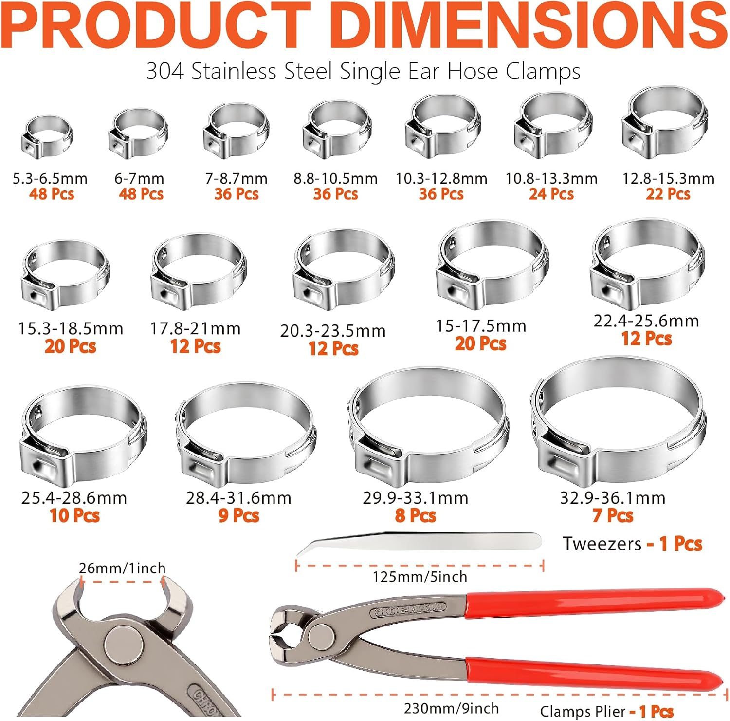 360PCS Single Ear Hose Clamp Kit, 16-Sizes 5.3-36.1mm 304 Stainless Steel Stepless Clamps with Pliers, for Automotive, PEX Pipe, Fuel Line, Home Appliance & Industrial Use