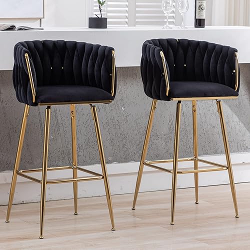 LukeAlon Juego de 2 taburetes de mostrador modernos de terciopelo, giratorios de 360 de 28.5 pulgadas de altura de asiento con patas doradas,
