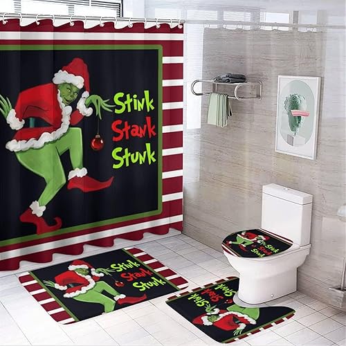 MICEAN Juego de 4 piezas de baño navideño con cortina de ducha, tapete antideslizante, funda de inodoro y tapete de ducha, decoración festiva para