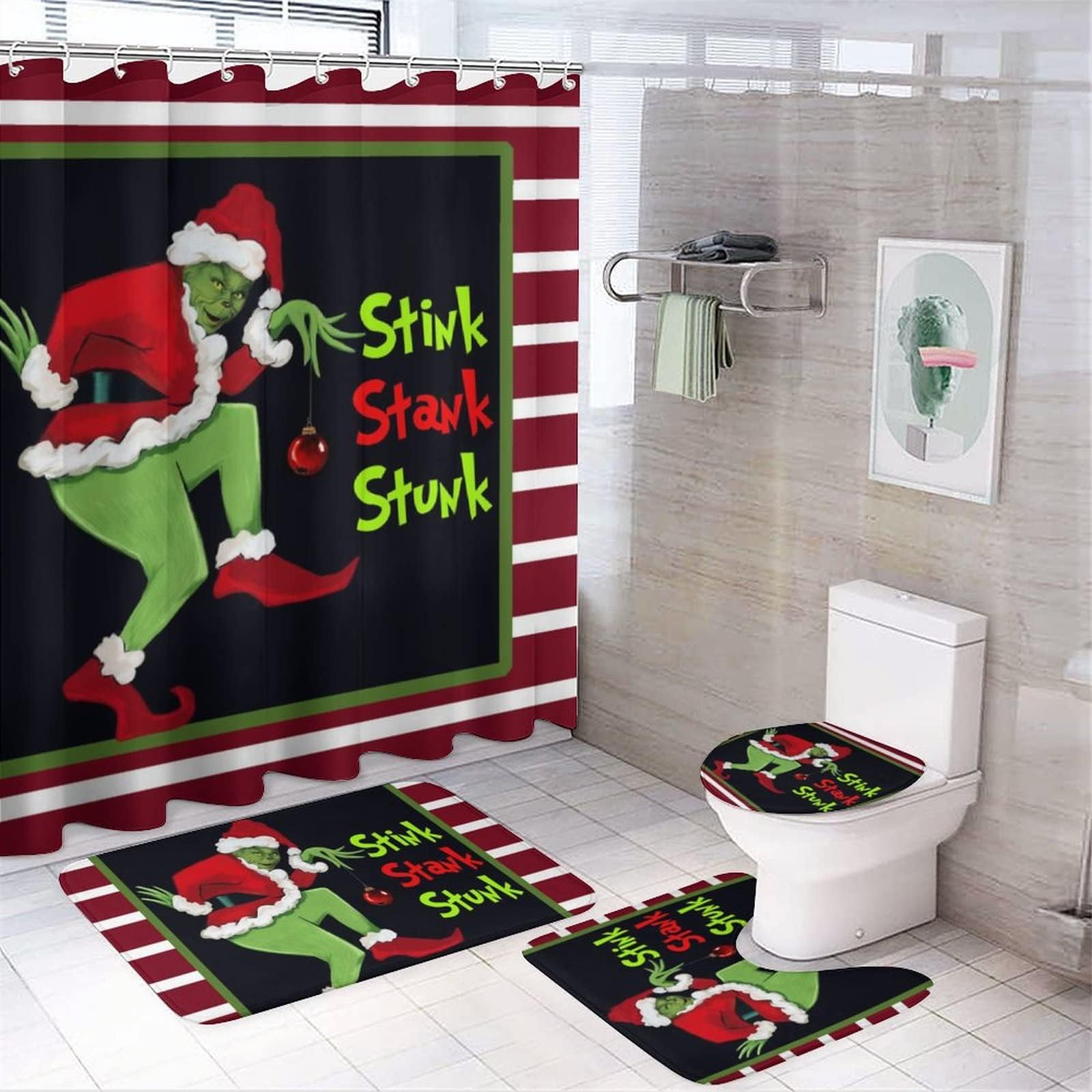 Weihnachts-Duschvorhang-Set Mit Anti-Rutsch-Teppichen – Festliches Bad-Update Inkl. 12 Haken