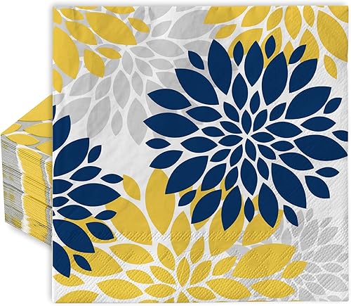 AnyDesign Paquete de 80 servilletas de papel de dalia de 6.5 x 6.5 pulgadas, azul marino, amarillo, plata, flores, modernas, elegantes, desechables,