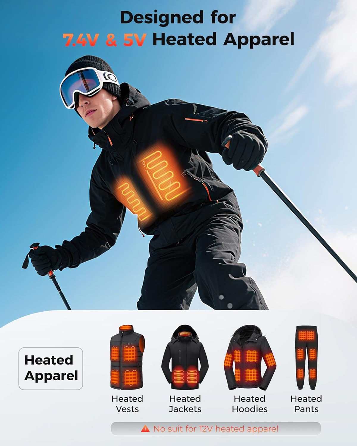 7.4V/5V 3A 20000mAh Heated Vest Battery Pack for ORORO and Venustas, Battery for Heated Vest for TODWARM, and XINSONYUELL, with DC and USB Output Ports, Fast Recharge - Image 2