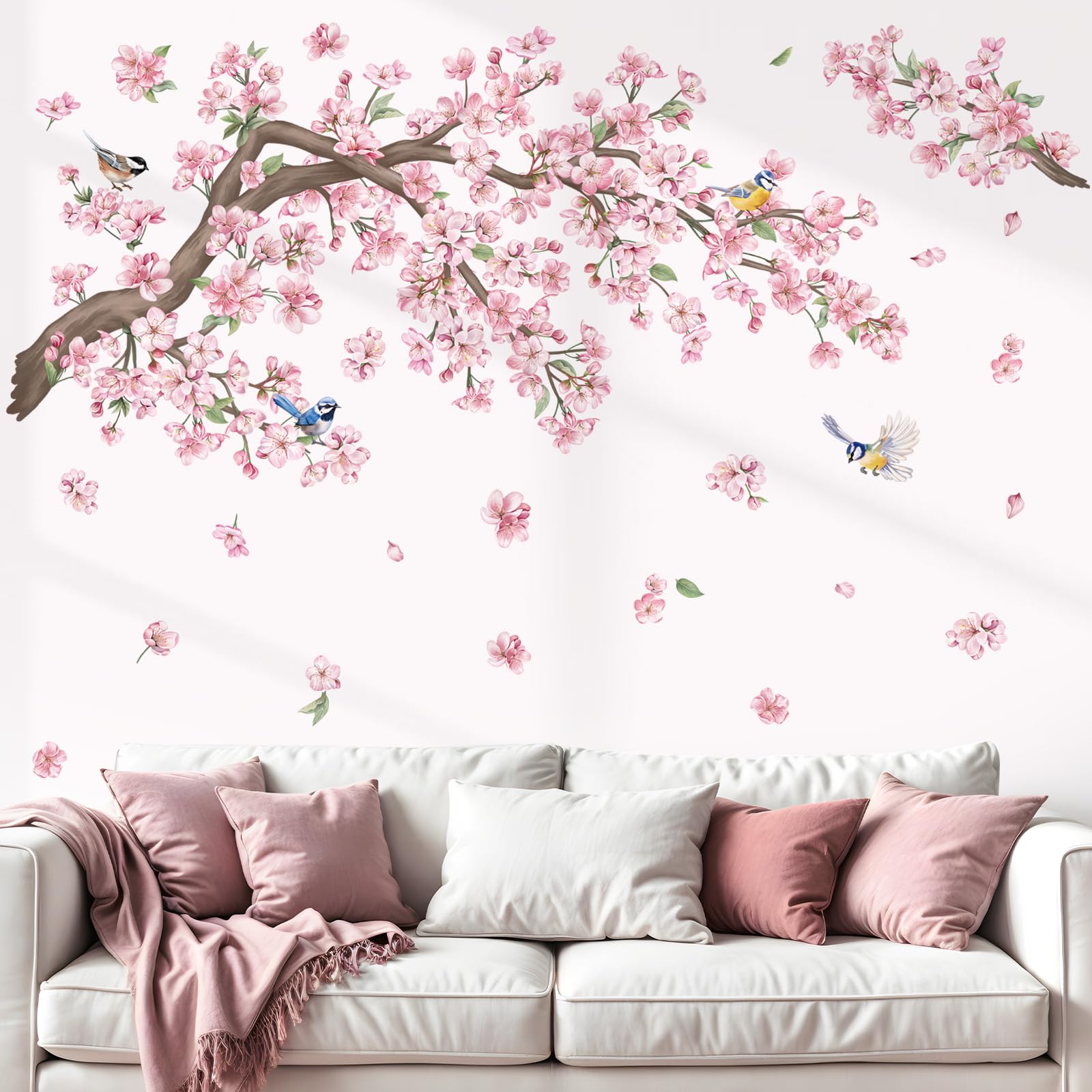 wondever Cherry Blossom Tree Branch Wall Stickers Pink Flower Floral Birds Peel and Stick Wall Art Decals for Bedroom Living Room Sofa - Image 2