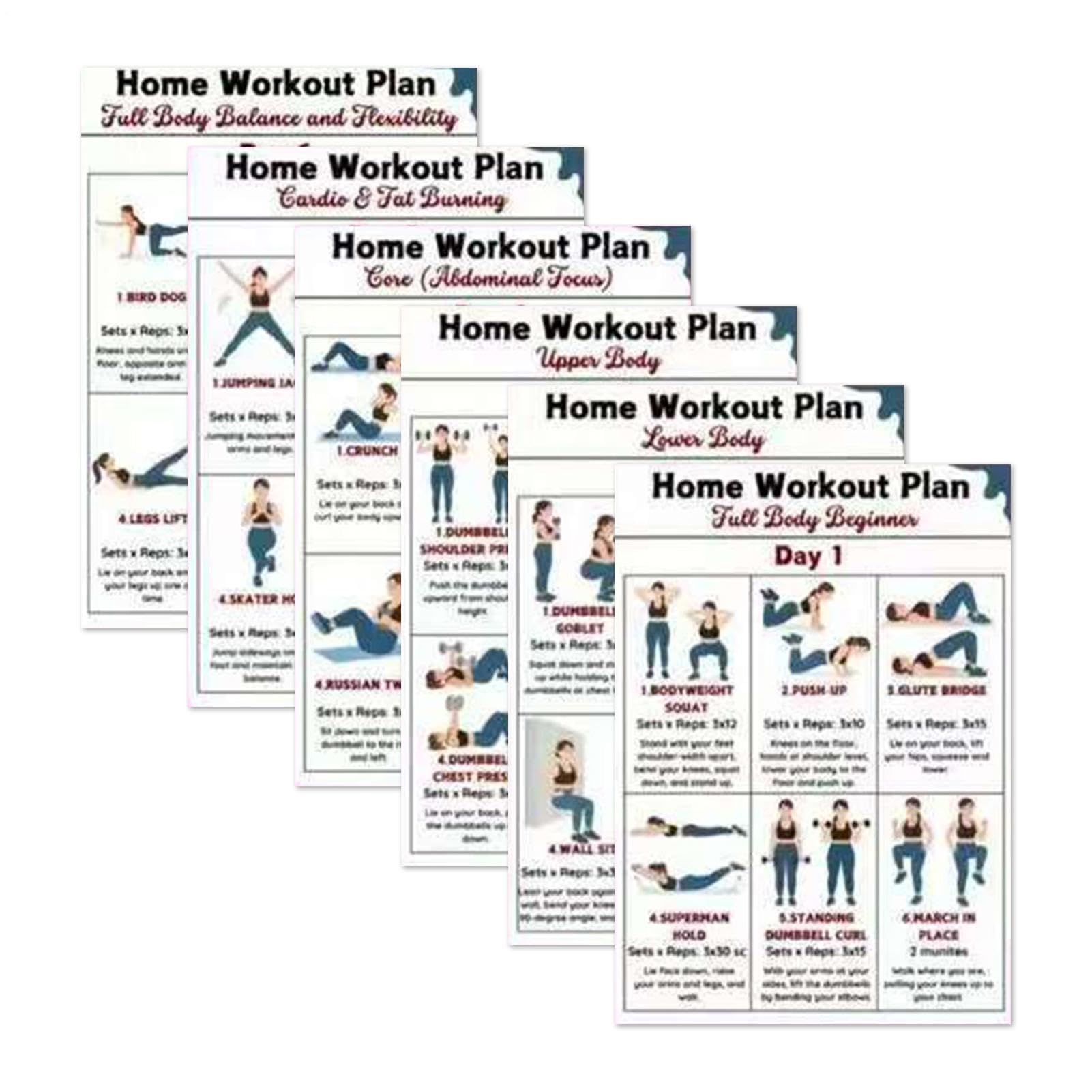 Workout Posters - Home Gym Fitness Charts | 6 Pieces Exercise Guide with Yoga Dumbbell Action, Full Body Training with Illustrated Movements, Apartment Dorm Office Bedroom Living Room Balcony