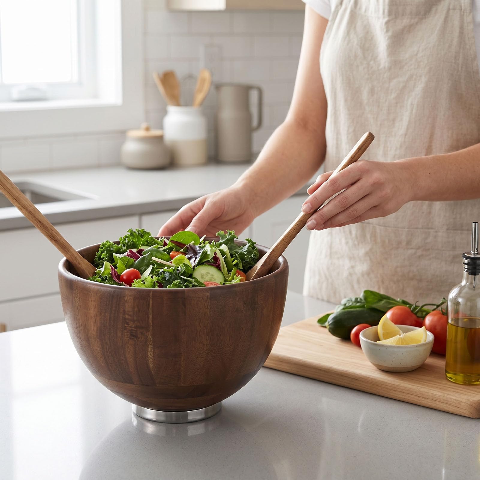 Topiky Ensaladera de Madera, Versátil, Hecho a Mano, para Servir Ensaladas y Aperitivos, Capacidad de 4,5 Litros